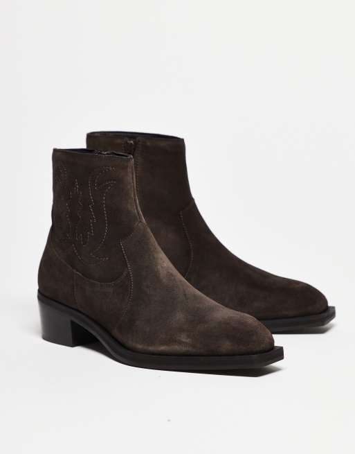 ASOS DESIGN cuban heeled chelsea boots in brown suede with western stitching