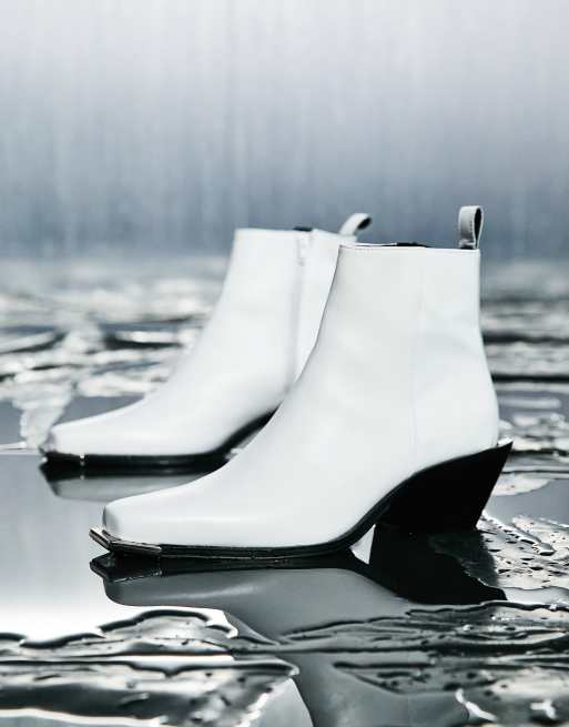 ASOS DESIGN cuban heeled chelsea boots in white leather with metal toe detail