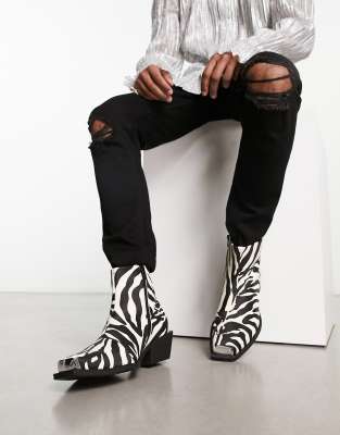 ASOS DESIGN CUBAN HEELED CHELSEA BOOTS IN ZEBRA PRINT FAUX LEATHER-MULTI