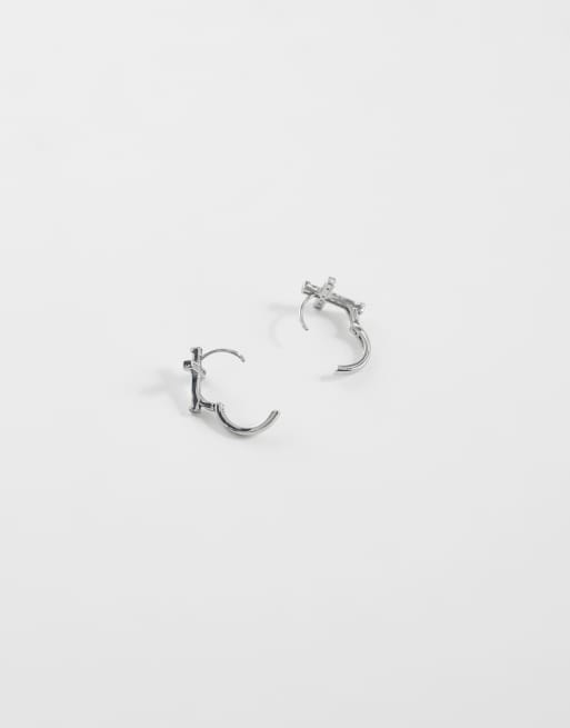 ASOS DESIGN cubic zirconia crystal cross hoop earrings in silver, 3 of 4