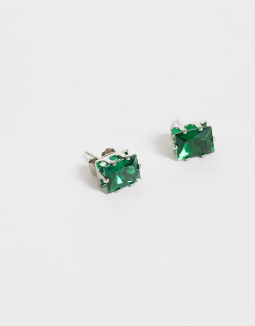 ASOS DESIGN cubic zirconia emerald stone stud earrings in silver, 3 of 4