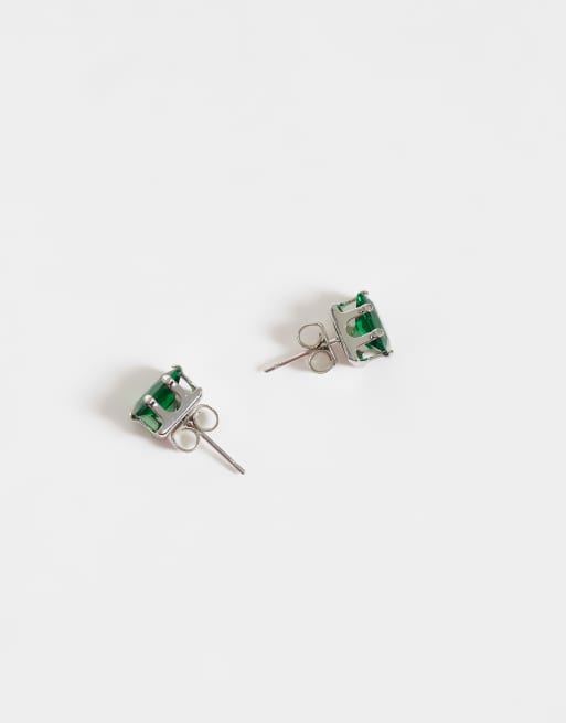 ASOS DESIGN cubic zirconia emerald stone stud earrings in silver, 4 of 4