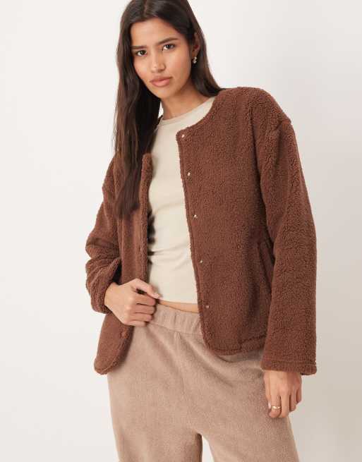 ASOS DESIGN cuddle fleece jacket in brown