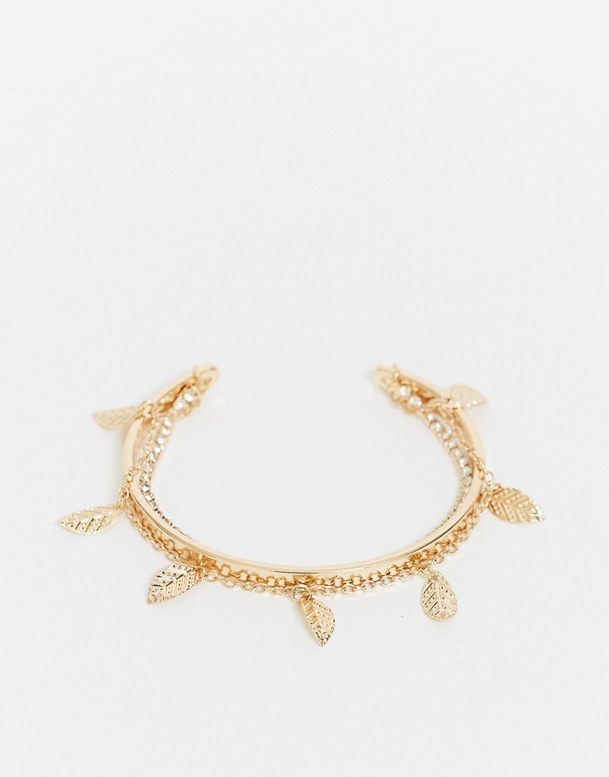 Asos Design Cuff Bracelet With Dangle Leaf Charms In Gold Tone