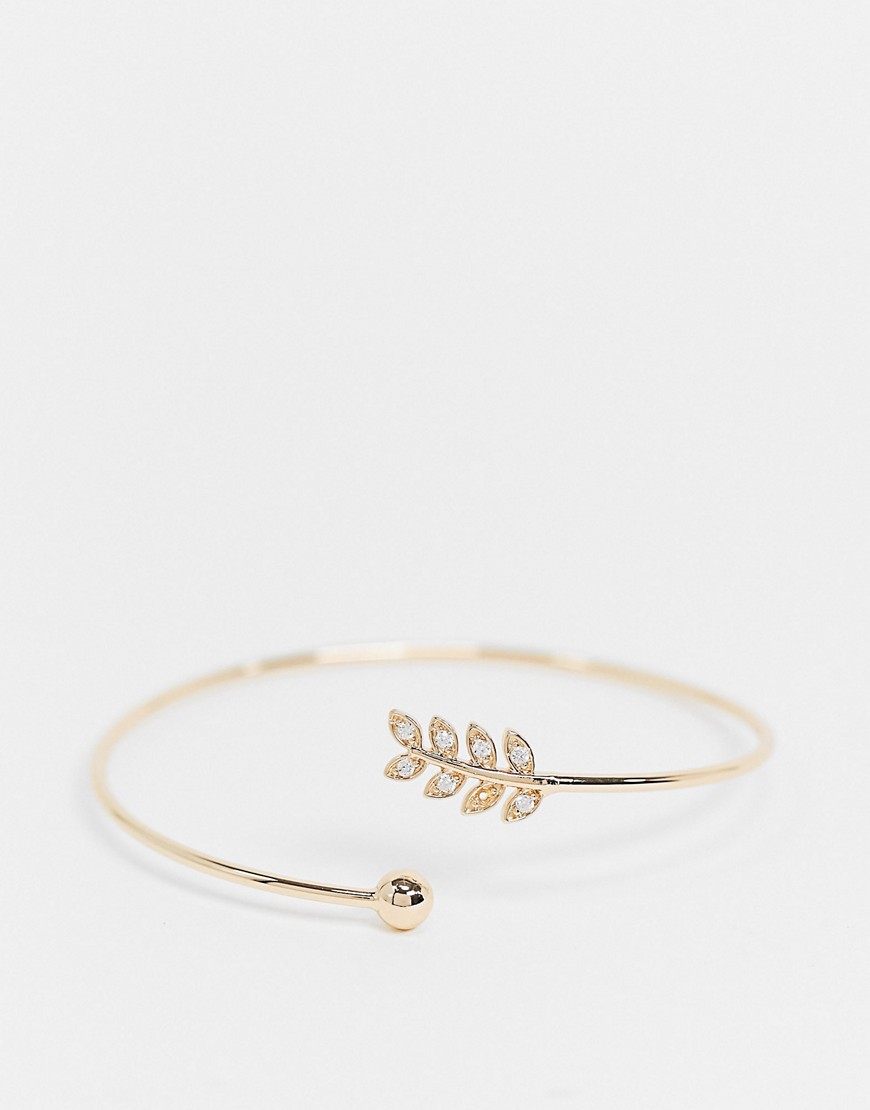 ASOS DESIGN cuff bracelet with delicate leaf and ball detail in gold tone