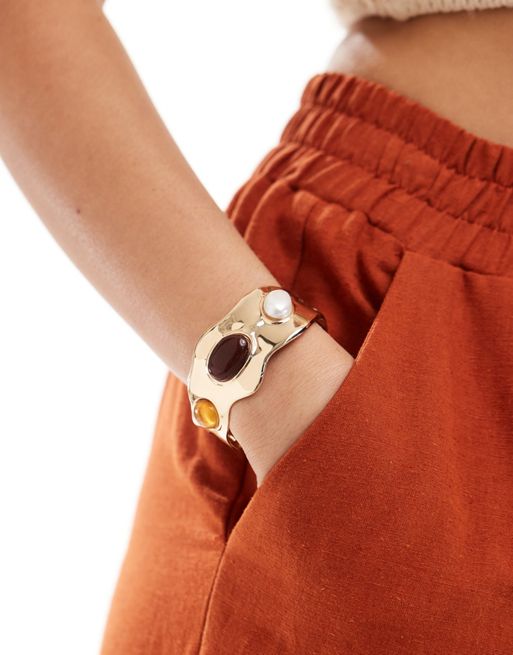  ASOS DESIGN cuff bracelet with molten stone set detail in gold tone