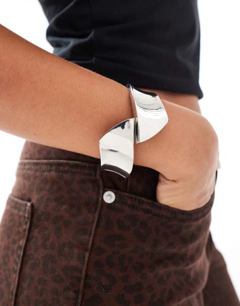 ASOS DESIGN cuff bracelet with square wraparound detail in silver tone - view 1
