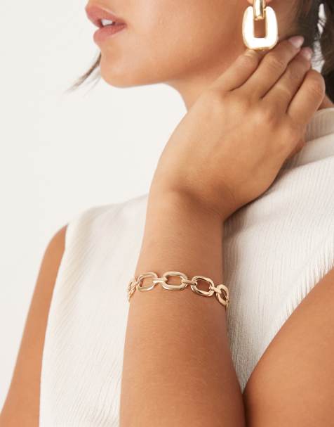 ASOS DESIGN cuff bracelet with squared-off chain design in gold tone - view 1