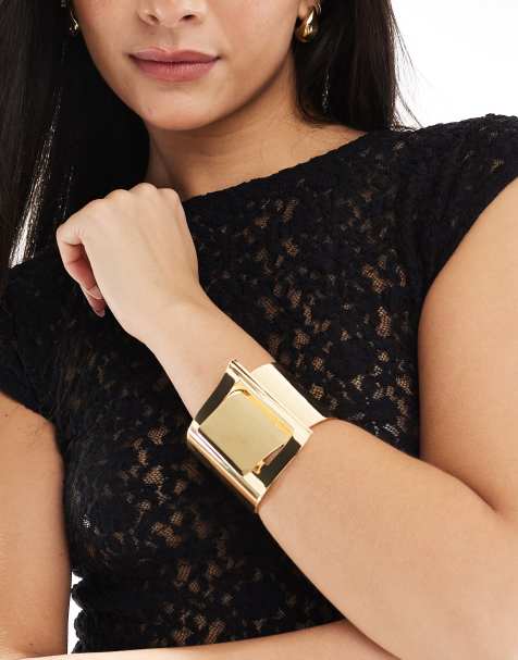 ASOS DESIGN cuff bracelet with thread through detail in gold tone - view 1