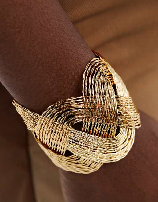ASOS DESIGN cuff bracelet with weave textured wire design in gold tone, 3 of 4