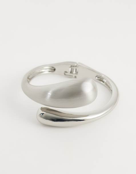 ASOS DESIGN cuff bracelet with wrap around molten detail with shiny and brushed silver tone - SILVER - view 1