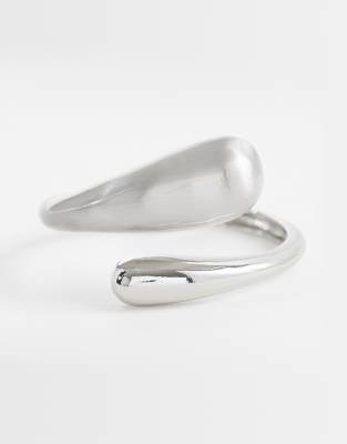 Asos Design Cuff Bracelet With Wrap Around Molten Detail With Shiny And Brushed Silver Tone In Metallic