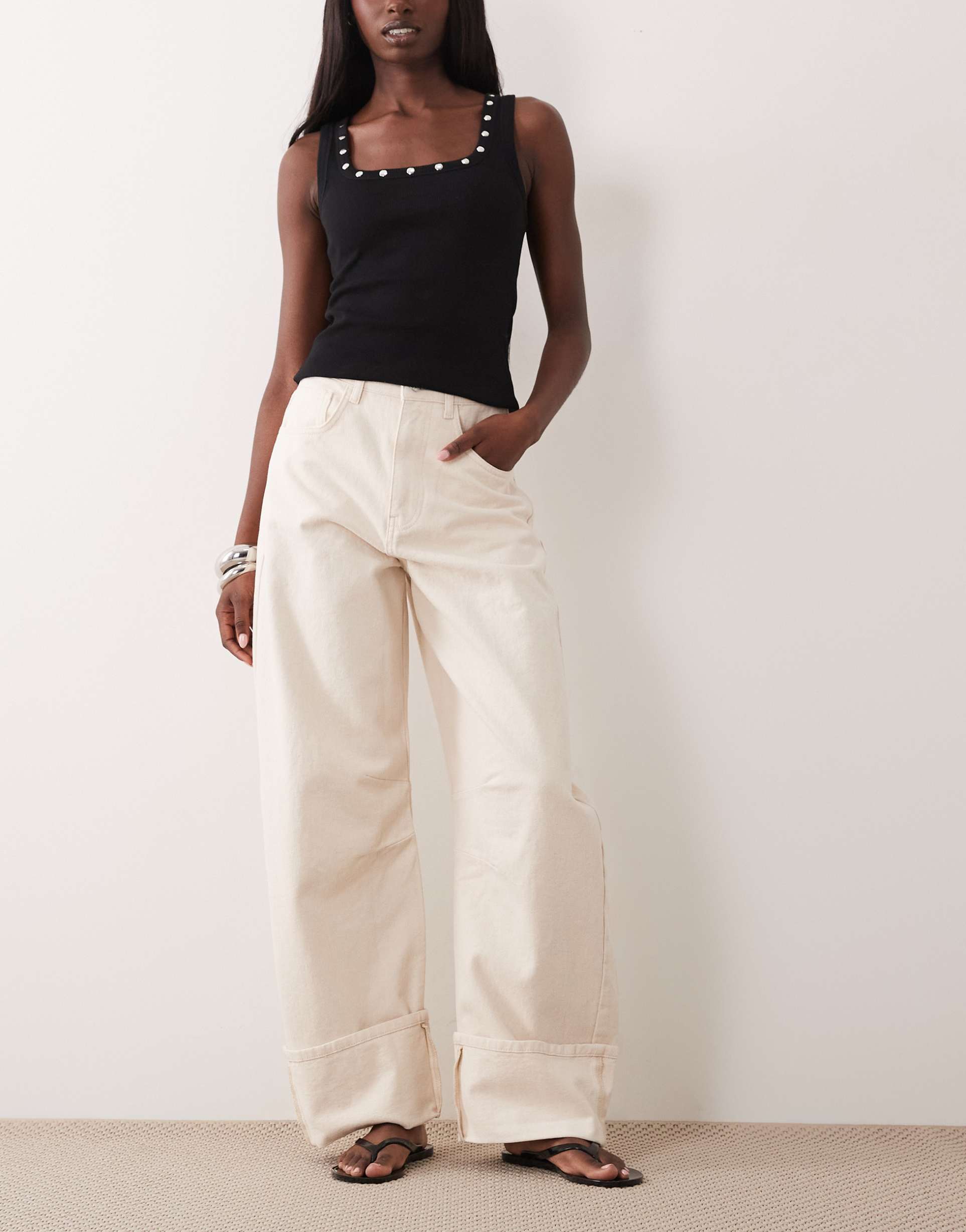 asos design cuffed barrel jeans in ecru