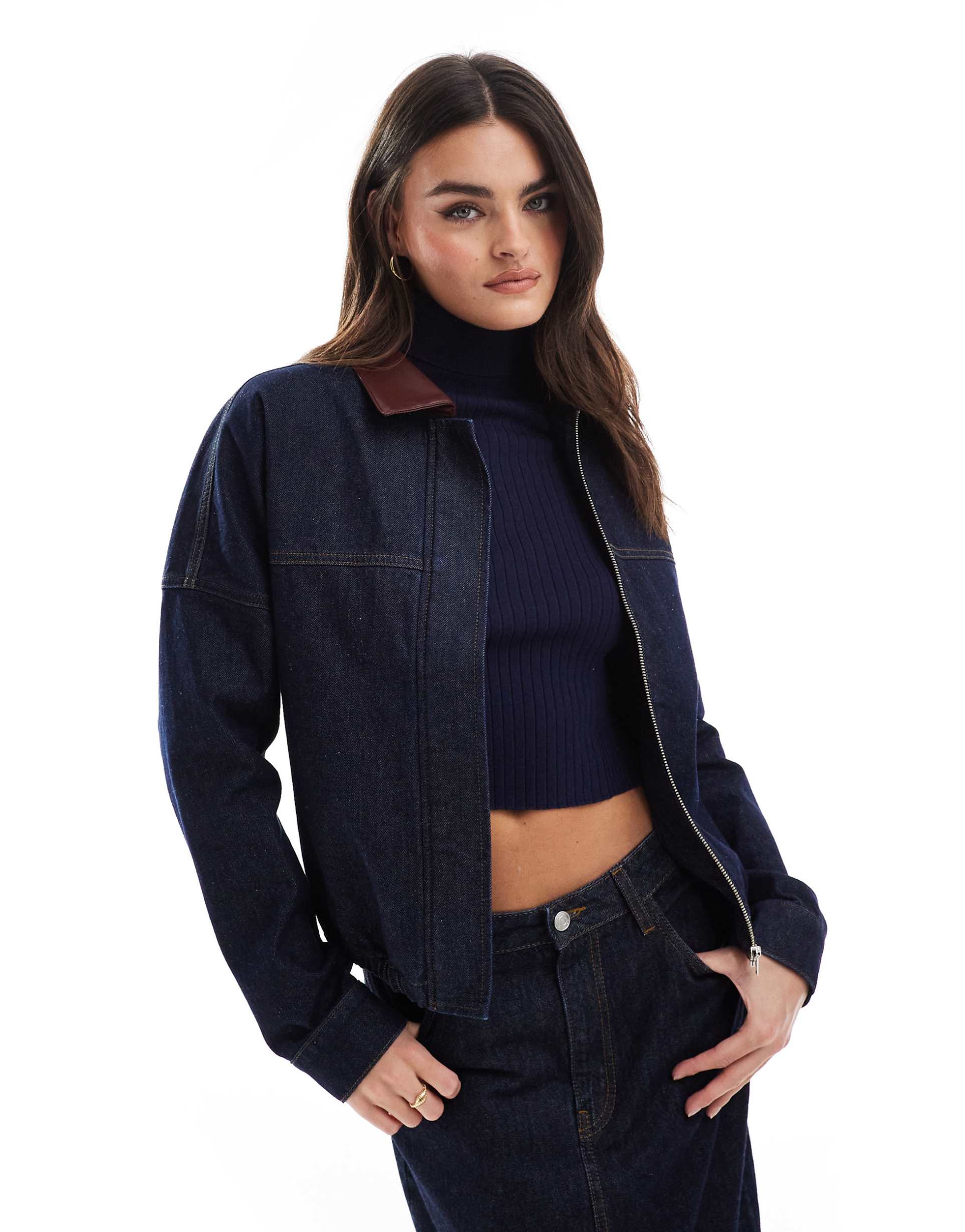asos design cuffed denim jacket with contrast collar in indigo