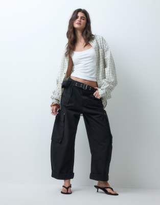 Asos Design Cuffed Hem Cargo Pants With Grommet Belt In Black