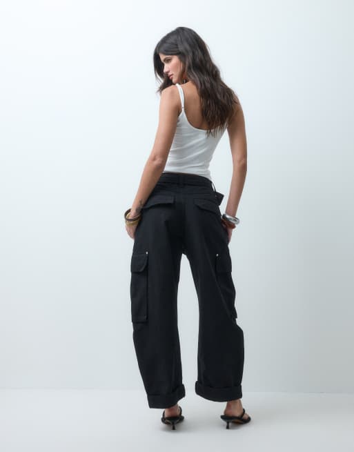 ASOS DESIGN cuffed hem cargo pants with grommet belt in black, 3 of 5