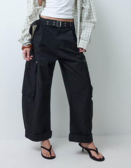 ASOS DESIGN cuffed hem cargo pants with grommet belt in black, 5 of 5