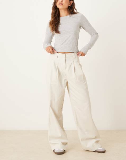 ASOS DESIGN cuffed hem wide leg corduroy pants in cream - view 1