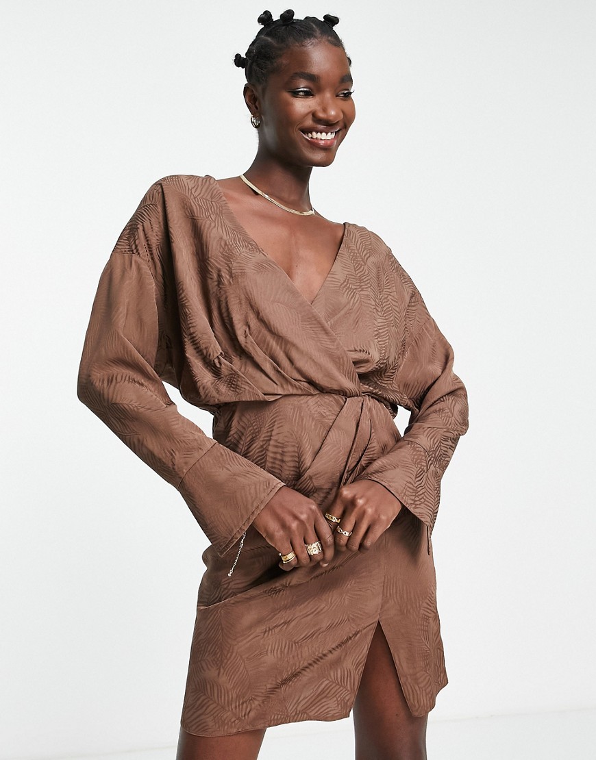 ASOS DESIGN cuffed long sleeved satin mini dress with pleat detail skirt in chocolate-Brown