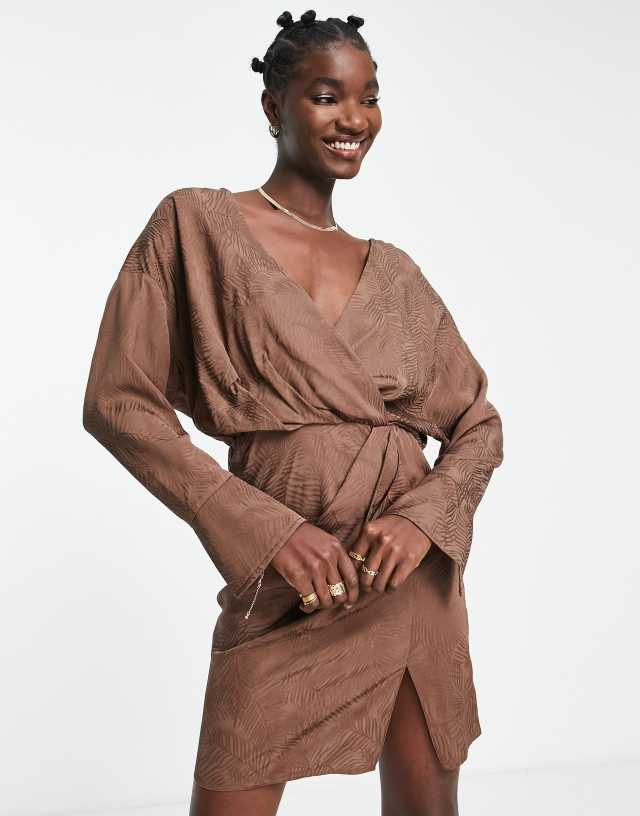 ASOS DESIGN cuffed long sleeved satin mini dress with pleat detail skirt in chocolate