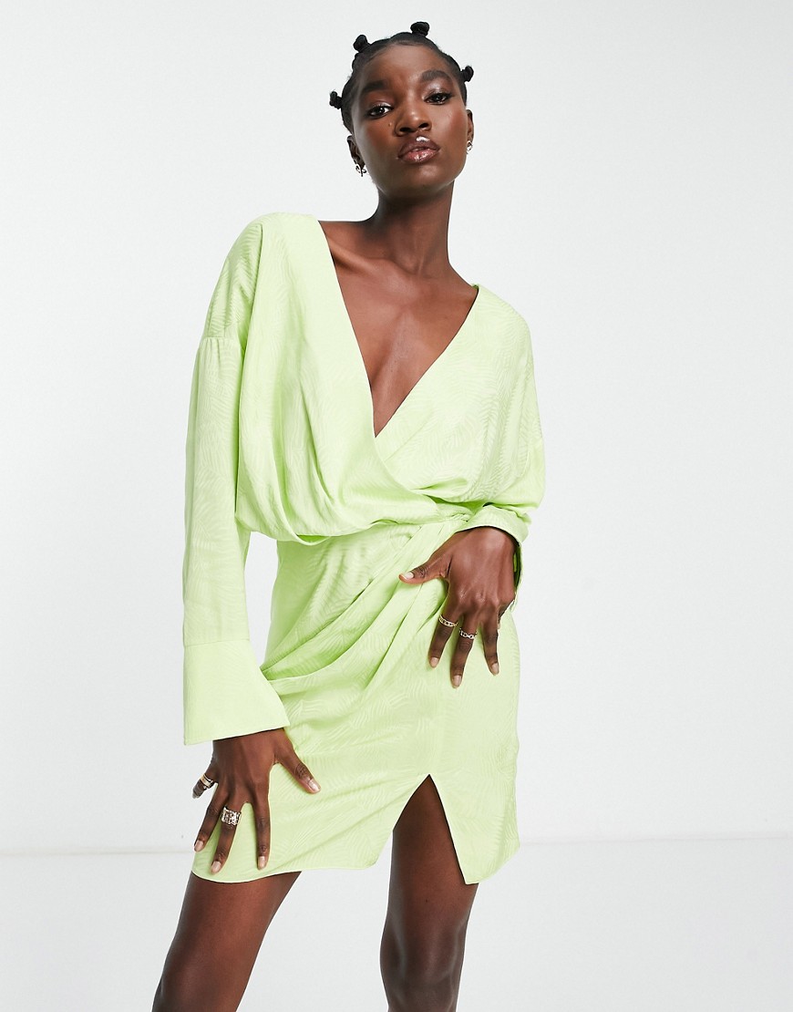 ASOS DESIGN cuffed long sleeved satin mini dress with pleat detail skirt in lime green
