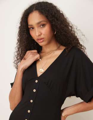 Shop Asos Design Cuffed Sleeve Button Front Midi Tea Dress In Black