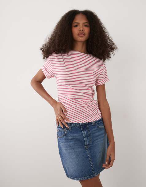 ASOS DESIGN cuffed sleeves ruched sides t-shirt in pink and white stripes - view 1