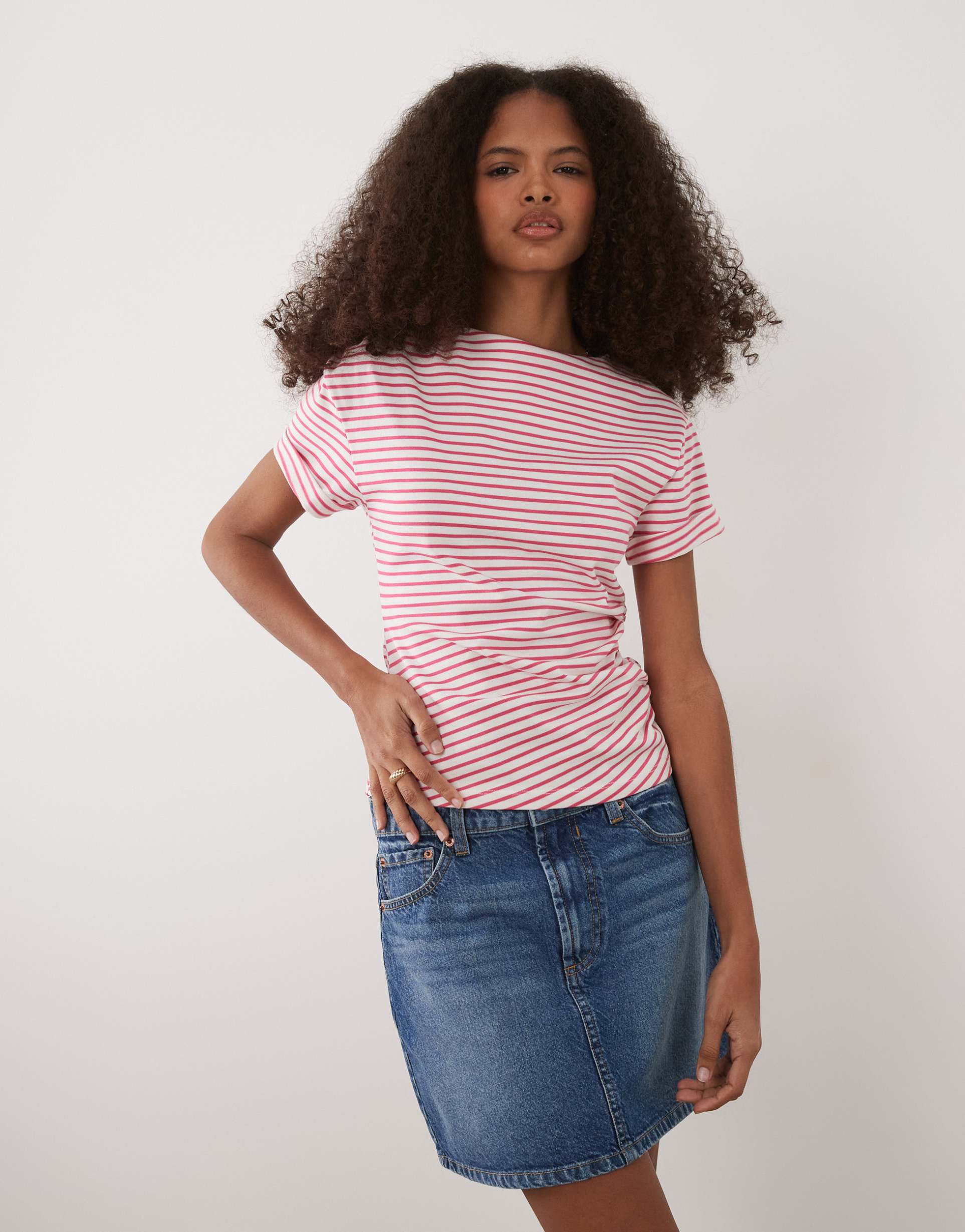 asos design cuffed sleeves ruched sides t-shirt in pink and white stripes