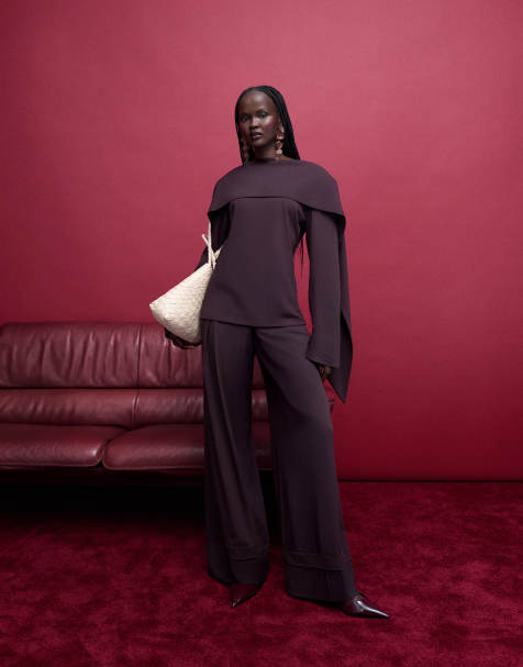 ASOS DESIGN cuffed wide leg tailored pants in plum - view 1