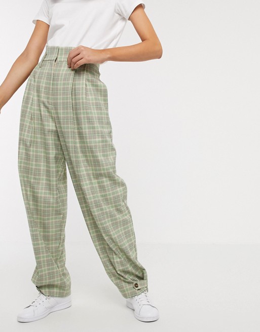 ASOS DESIGN cuffed wide leg trousers in green check