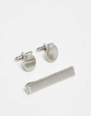 cufflink and tie bar set in brushed silver tone