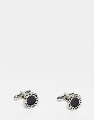 ASOS DESIGN wedding cufflinks with roman numeral detail and black stone in silver tone