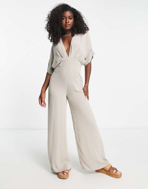 ASOS DESIGN - Culotte-jumpsuit met kimonomouwen in taupe