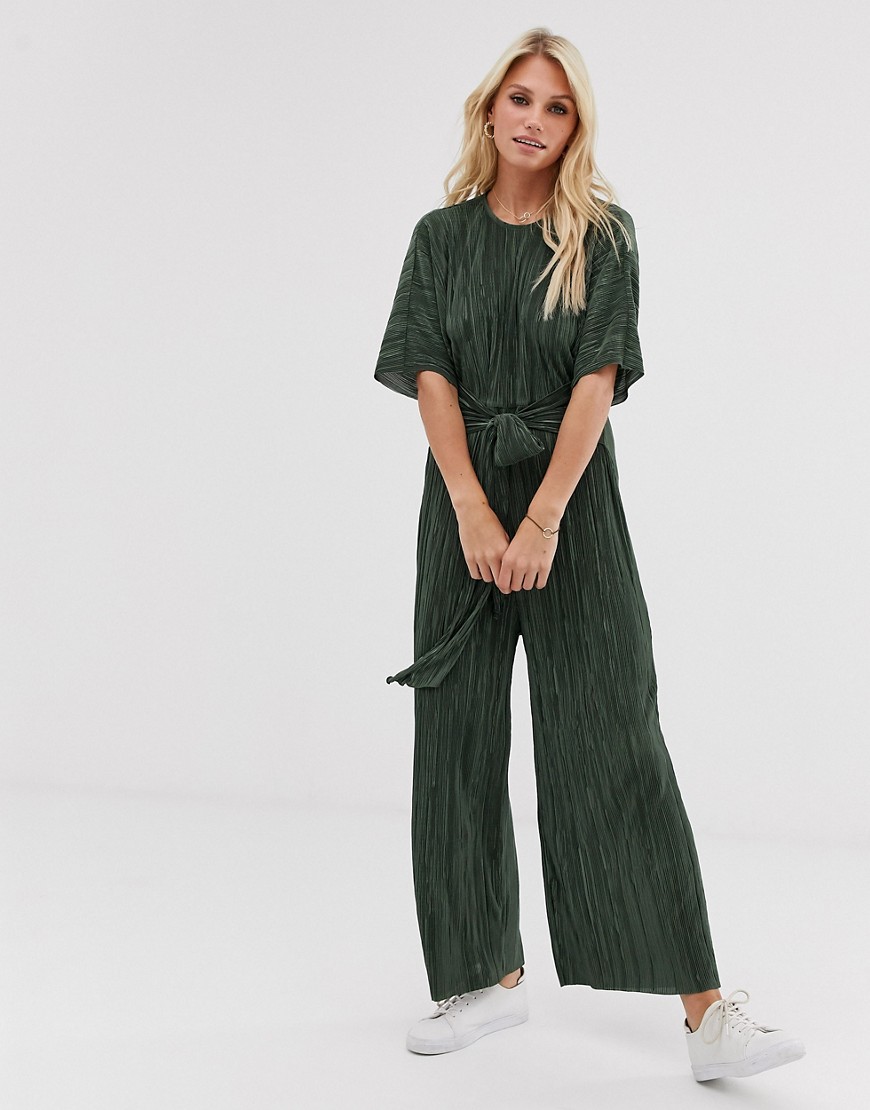 ASOS DESIGN - Culotte-jumpsuit met plissé en gestrikte voorkant-Groen