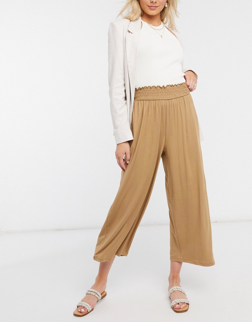 Asos Design Culotte Pants With Shirred Waist In Sand-neutral