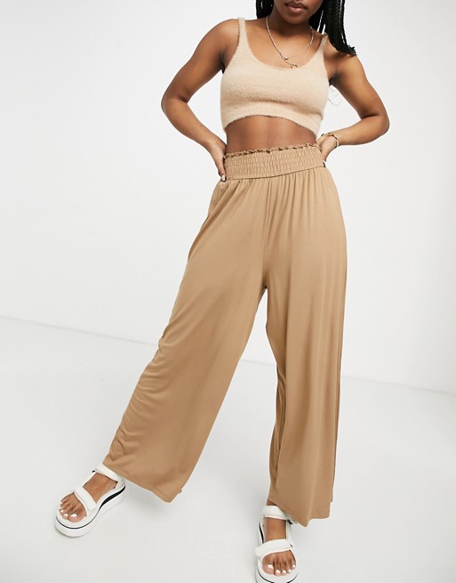 ASOS DESIGN culotte trouser with shirred waist in sand