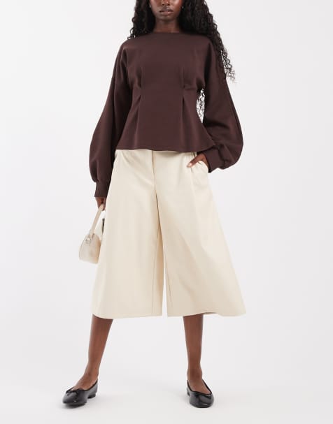 ASOS DESIGN culottebroek van imitatieleer met hoge taille in crème - view 1