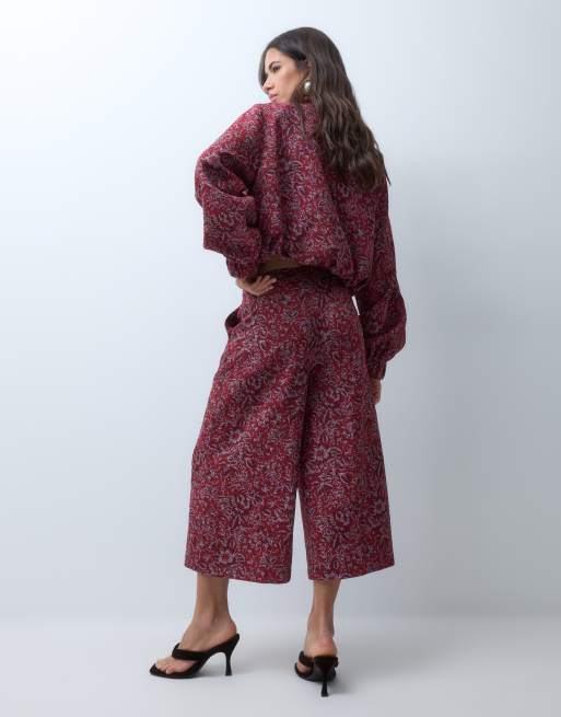 ASOS DESIGN culottebukser i blomsterjacquard med rødt tapestry-print, 4 af 5