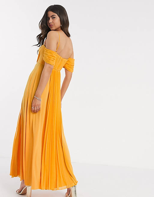  cup detail bardot detail chiffon overlay pleated maxi dress in golden yellow 