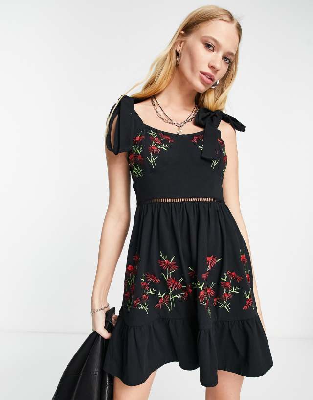 ASOS DESIGN cup detail sundress with tie shoulders in black and red floral embroidery