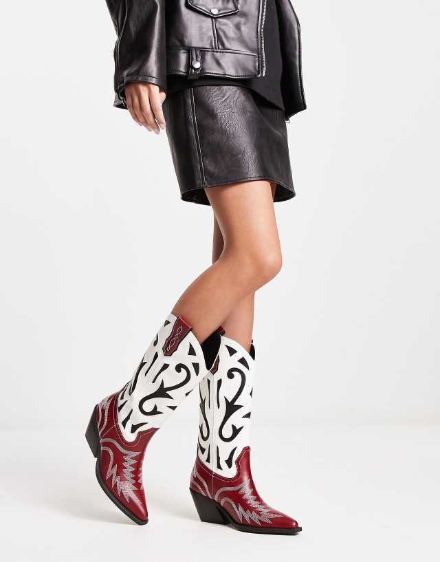 ASOS DESIGN Cupid contrast western knee boot in black and red mix