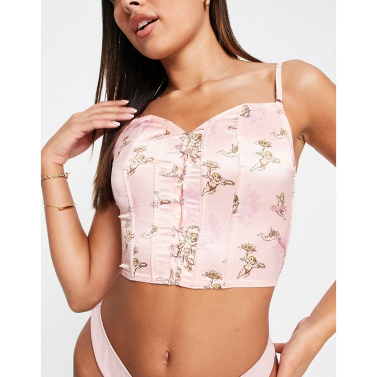 ASOS DESIGN cupid print satin corset in pink | ASOS