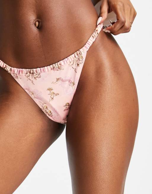 ASOS DESIGN cupid print satin & lace briefs in pink