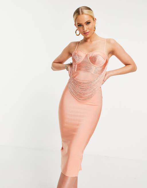 ASOS DESIGN bodycon bandage midi dress with cut-out in blush