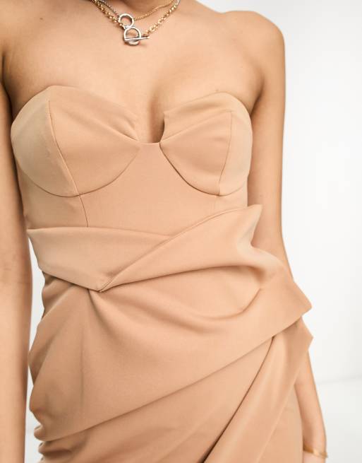 ASOS DESIGN cupped bandeau manipulated pleat midi pencil dress in caramel
