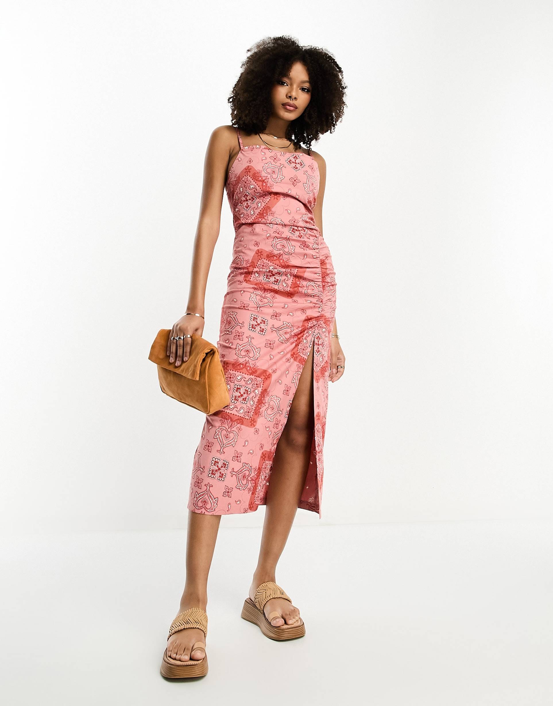 asos design cupped cowl midi sundress with ruching detail in bandana print