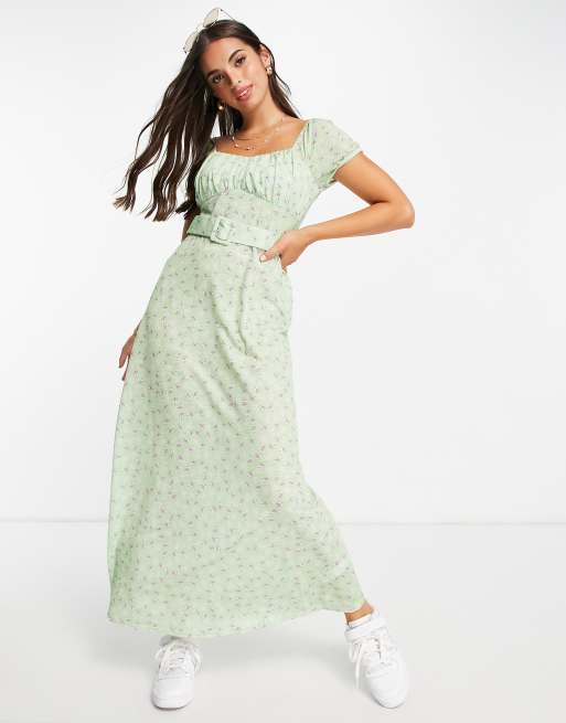 ASOS DESIGN cupped detail maxi dress with belt in green ditsy floral