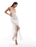 [ASOS DESIGN] ASOS DESIGN cupped embellished cut out maxi dress with fringing in stone-Neutral 10 STONE