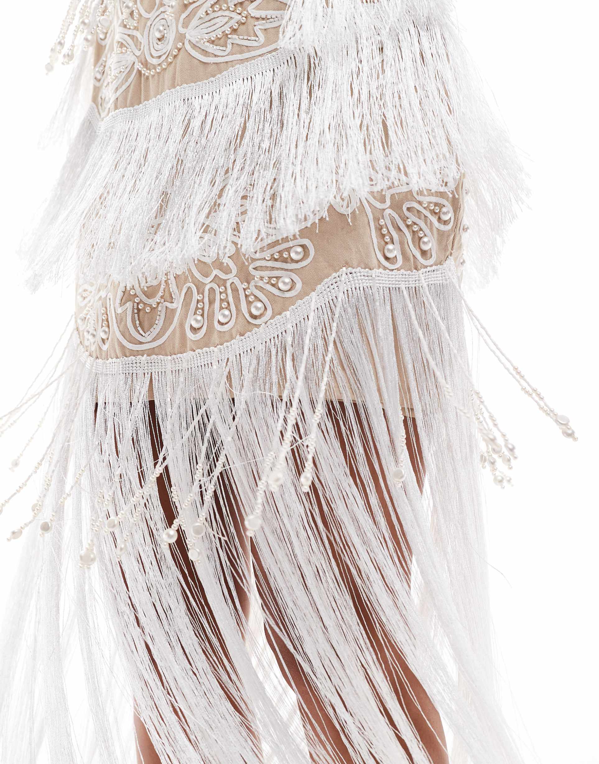 asos design cupped embellished cut out maxi dress with fringing in stone