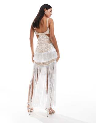 ASOS DESIGN cupped embellished cut out maxi dress with fringing in stone
